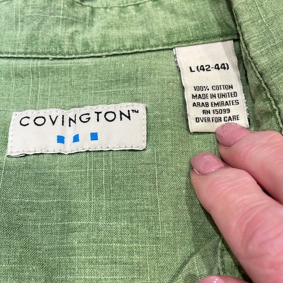 Covington size Large 42-44 green short sleeve button up casual shirt pockets - Picture 9 of 10